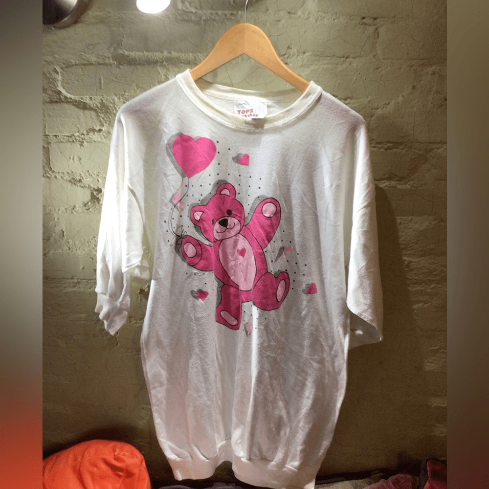 Vintage White Tee with Pink Heart Bear Graphic